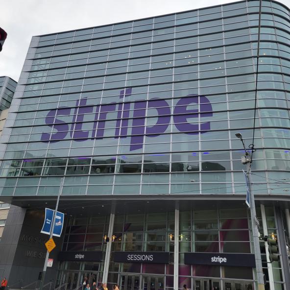 Moscone west exterior with large Stripe signage in purple